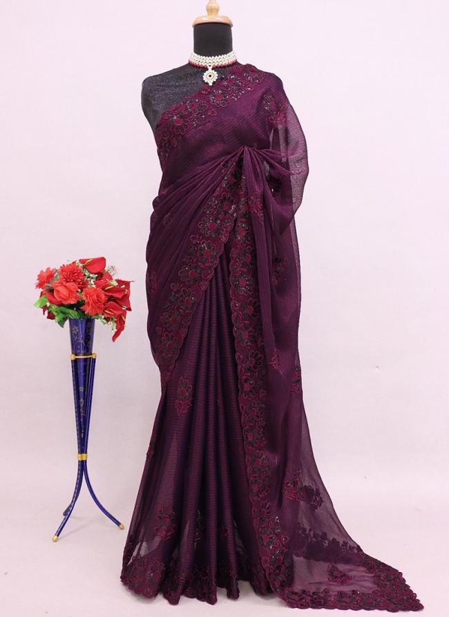 Chiffon Wine Wedding Wear Embroidery Work Saree